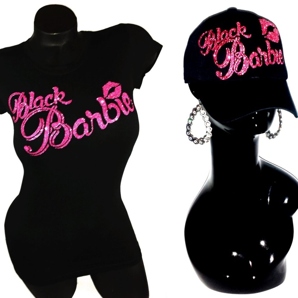 Black Barbie with SexyLips Fitted Spdx. Black Tee & Adj.Baseball Cap*COMBO DEAL*